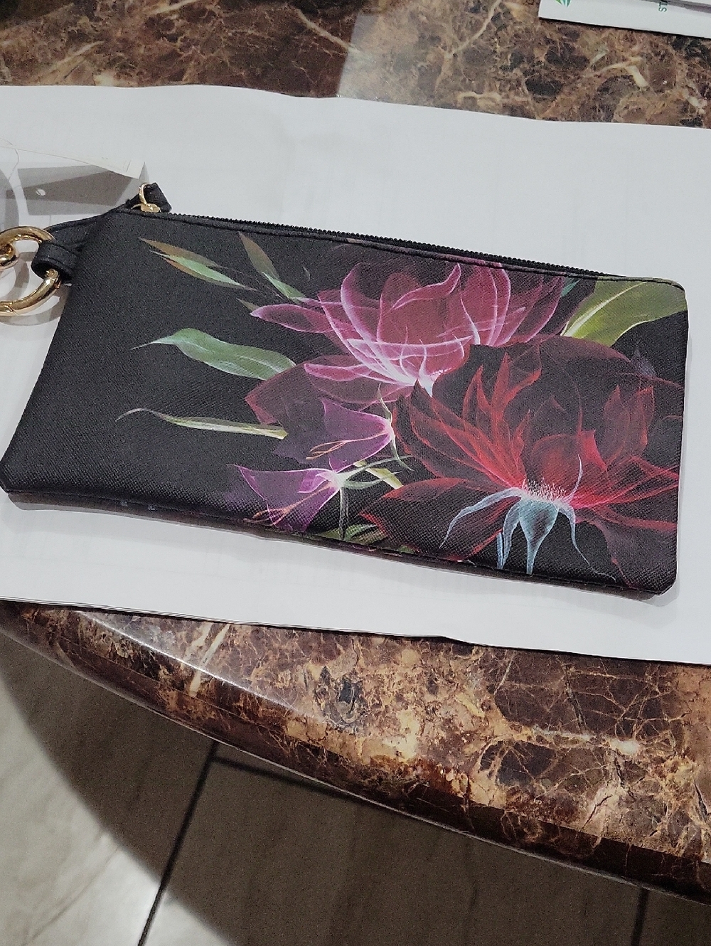 Black Floral Wristlet Clutch with Pink and Red Bloom